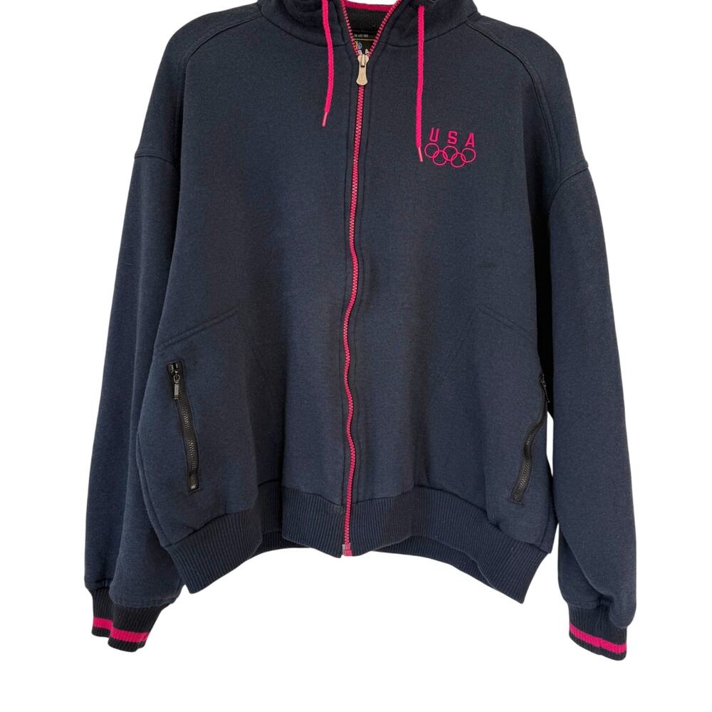 Vintage USA Olympic Team Zip Hoodie XL Navy Pink Sportcore Streetwear Fleece